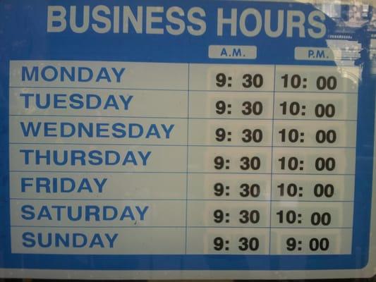 Store hours as of March 2013