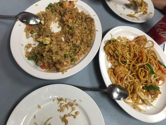 Shrimp fried rice and shrimp chow mein