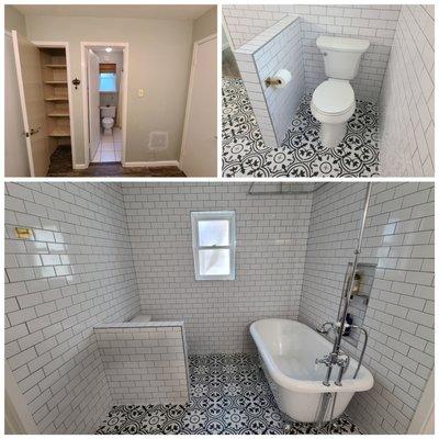 We opened up this cramped bathroom by removing a few walls, reclaiming wasted space from a linen closet and part of a bedroom closet.