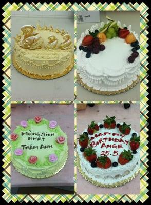 Variety of Asian baked goods and wedding, birthday cakes.