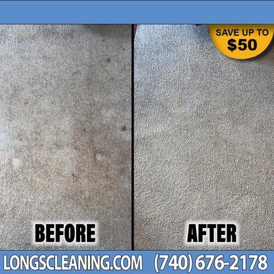 Check Out this Carpet Cleaning Before & After. Let Long's deal with those stains for you. Call 740-676-2178 or go to https://LongsCleaning.c