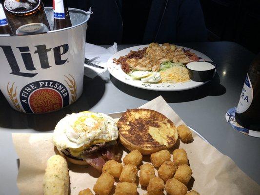 Chicken Salad  &  The Hangover Burger with Tater Tots