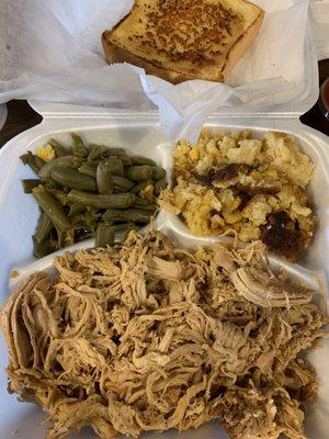 Pulled chicken with green beans, sweet corn casserole and garlic bread