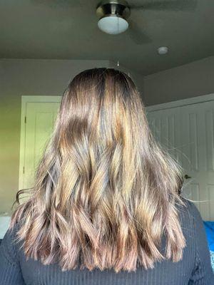 This is during the lightening process for the blonde balayage, but still did a wonderful job!