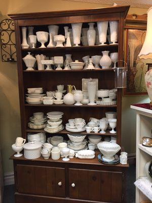 Cabinet full of milk glass