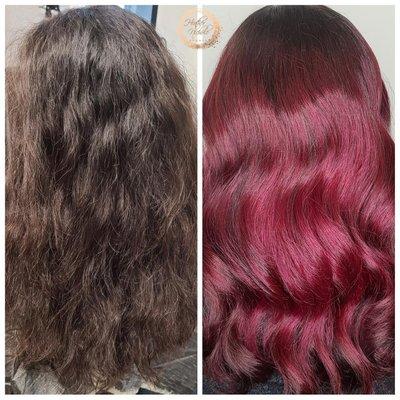 Before and after from natural hair to red balayage