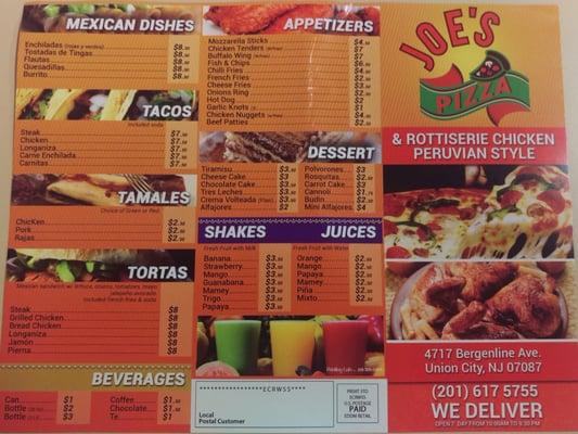 Joe's Pizza Menu Front