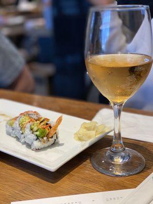 Shrimp tempura roll and Looney Cow Rosé