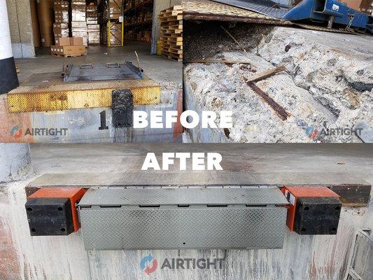 A before and after of a concrete repair and new edge of dock installation.