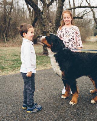 A boy and his sister greet a Bernese Mountain dog at the Klehm Arboretum and Botanic Garden in Rockford IL