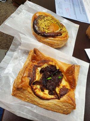 Goat cheese and caramelized onion, pistachio apricot puff pastries from Blackhole Bakery!