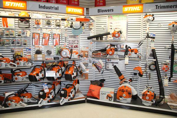 STIHL power equipment wall display.