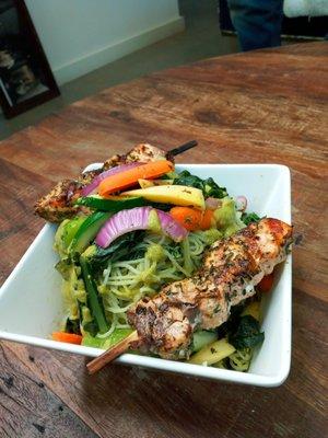 Collard Green Pesto & rice noodles, vegetable stir-fry w/ salmon skewers (A,B,AB,O)