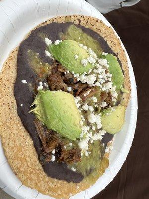 Memela with carnitas add avocado