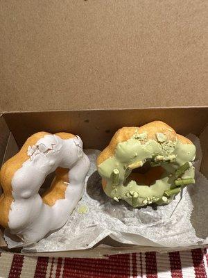 Matcha and taro honey mocha donuts