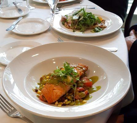 Salmon front, chicken back. The salmon was crispy from being cooked over a flame, tender inside.