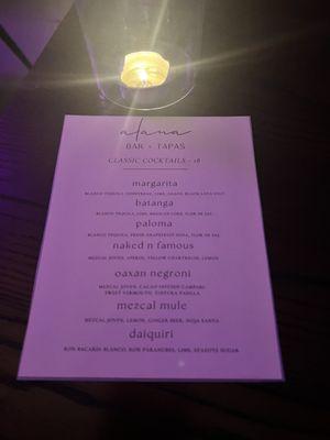 Hand crafted cocktails menu