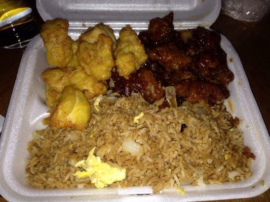 General Tso's chicken, sweet and sour (no sauce) chicken, and fried rice