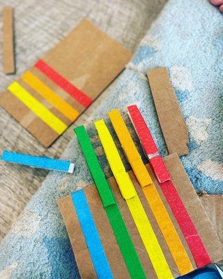 Working small muscles with matching colored clothes pin activity