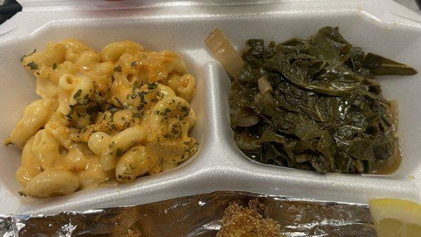 Vegan mac n cheese and greens.