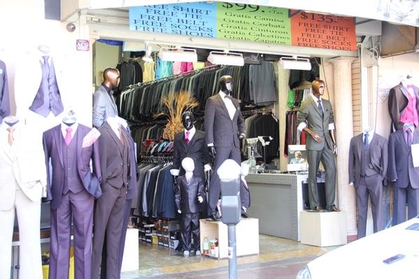 Take advantage for our deals! include a free par of shoes, socks, shirt, belt, and tie with any suit purchase.