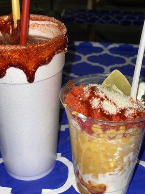 Elote ( corn ) in a cup and Michelada Mix , Pepino flavor with a nice cold beer