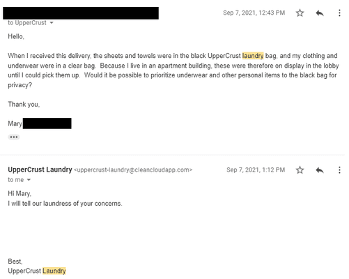 Owner's response to when my underwear was left on display in my building's lobby last year.