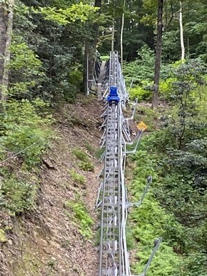 Top of the coaster rail. One car ahead.