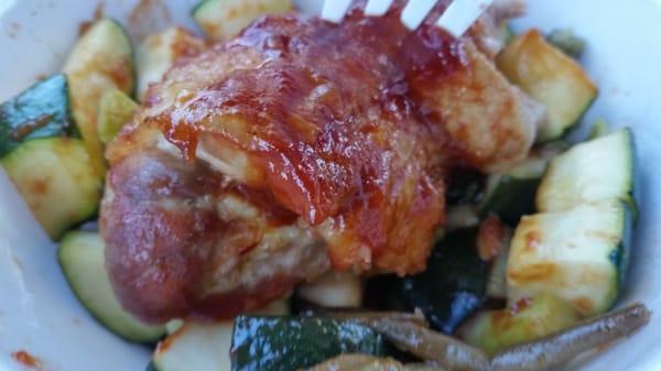 BBQ chicken over a bed of fresh springtime veggies @ $3.75. All perfect!