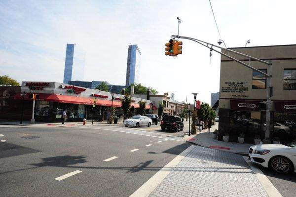 Main Street in Fort Lee.  Lots of restaurants, salons, spas, new parking garage being built.