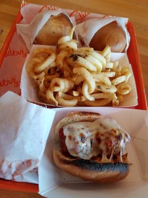 Curly fries, meatball and chicken parm and 2 buffalo chicken sliders..nice dinner