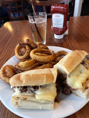 Cheese steak and onion rings