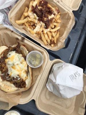 Bacon cheese fries, Beef Philly Cheesesteak and a Mushroom burger with Swiss.