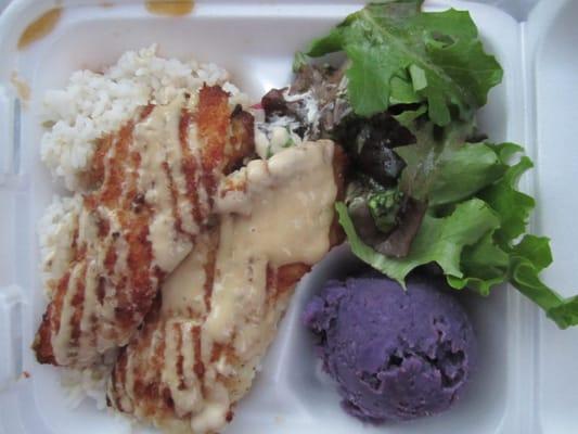 macadamia nut mahi with sweet potato and green salad