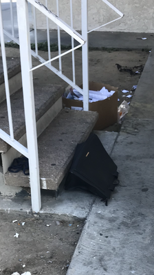 Trash and somebodys purse just sitting on the staircase unattended for hours