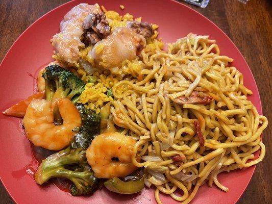 C27. Walnut Shrimp, Shrimp with Garlic Sauce and Roast Pork Lo Mein