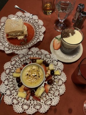 Yummy deserts - Creme brûlée, dark chocolate mousse and Napoleon