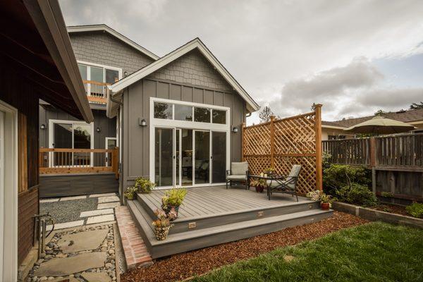 A Redwood City Accessory Dwelling unit as seen from backyard, note how it blends well with main house.