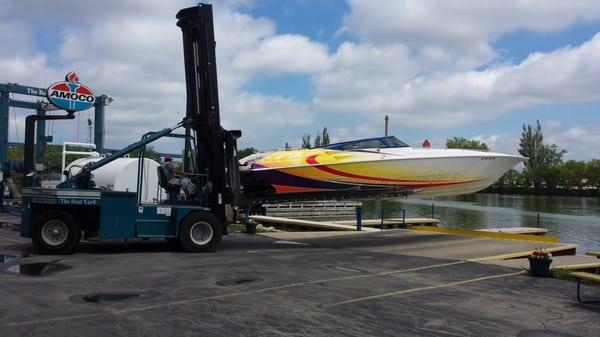 Our 20 ton Marine Travelift Fork Truck can handle boats up to 38' and is the cure for ramp headache!