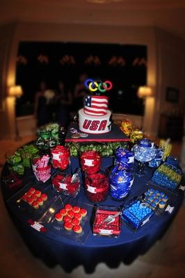 Winter Olympic themed candy favor table for wedding. Photo by Magda Hernandez.