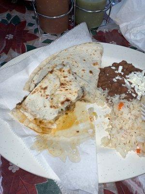 Steak Quesadilla with beans and rice 7.99!!!