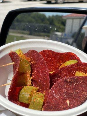 Pickle Tacos (off menu) Tajin style fruit roll-up wrapped around sour dill pickles 3 for $1.00