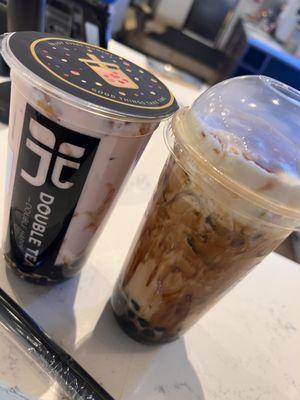 Delish! Strawberry milk boba tea and Black tiger pearl brûlée  milk tea