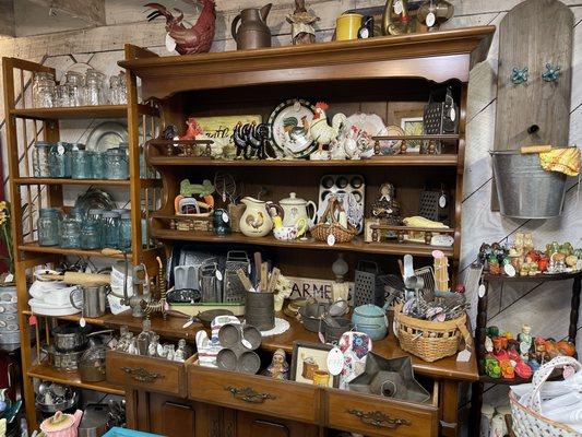 Roosters, vintage mason jars, antique utensils and kitchen items