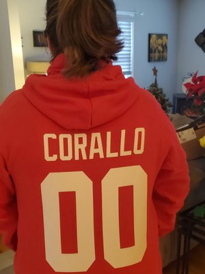 Special to use this for the proposal. Figured it said my name on the back of the NFL hoodie but the surprise was on me when it said Corallo!