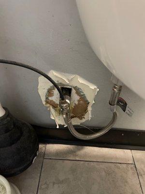 Destroyed dry wall during water connection.