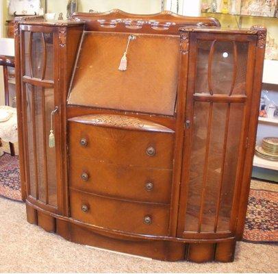 Antique Oak Drop Front Secretary Desk w/2 side Glass Doors Display -