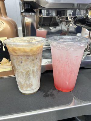 Iced churro cold coffee and strawberry lemonade