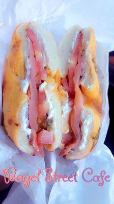 My favorite!  Lox with tomato & onion with cream cheese on a jalapeño popper  bagel!