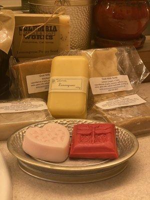 A variety of their handmade soaps. Witches brew, lemon grass, fragrance free goats milk and decorative soap.